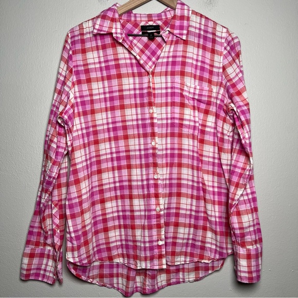 J. Crew Tops - J. Crew‎ Women Boy Button Down Shirt 12 Pink Plaid Cotton Valentine Office